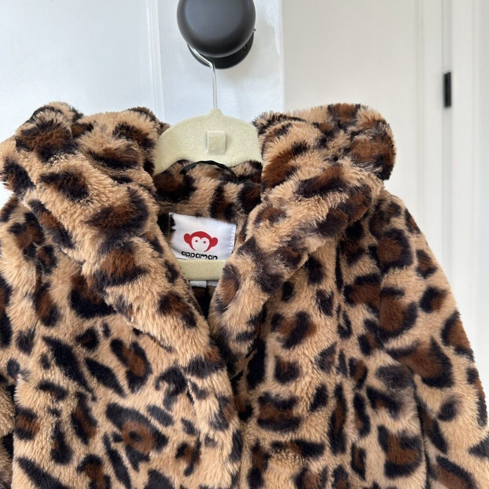 Appaman Girls Cleo Tan  Black Leopard Faux Fur Hooded Teddy Coat‎ Jacket Size 4 - Picture 3 of 14